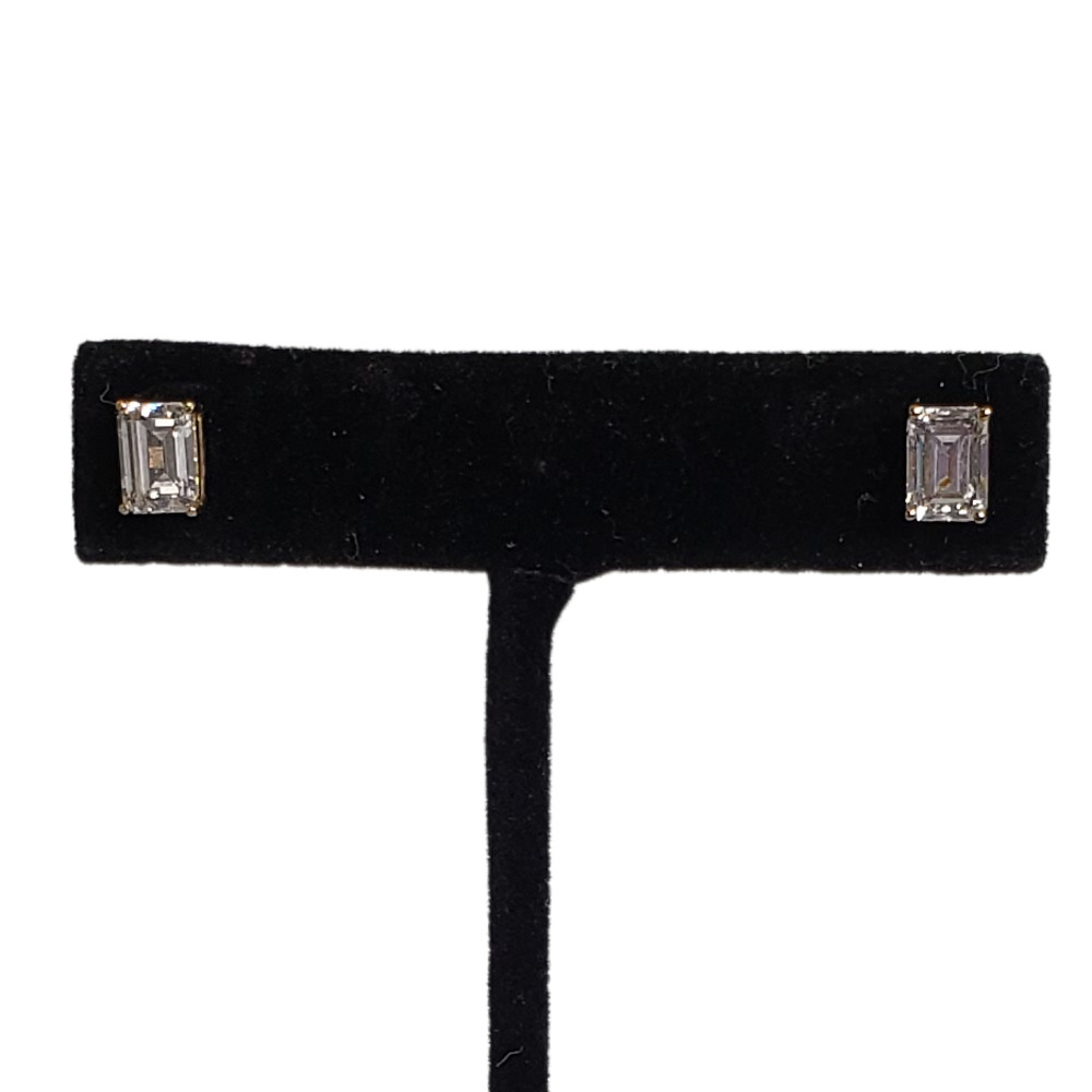 14k Gold Step Cut Cubic Zirconia Pierced Earring Studs